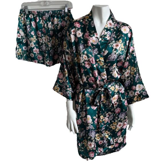 Vintage Kathryn Teal Pink Floral Silky Kimono Robe / Shorts Set Size Small - Picture 1 of 16